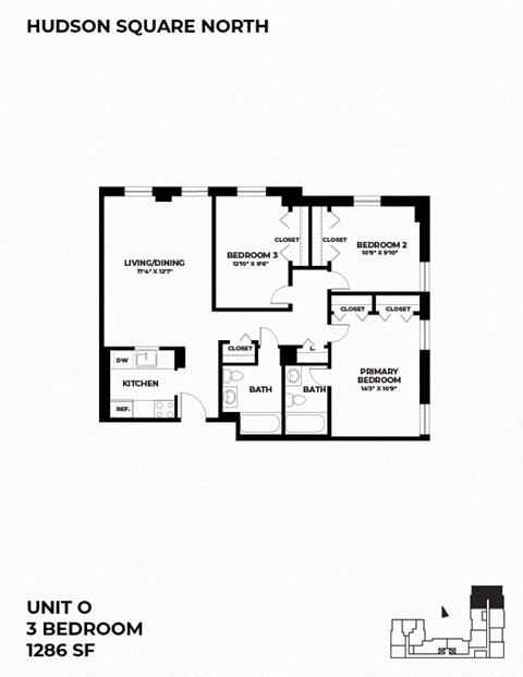 Floor plan for 3 beds, 2 baths, 1286 sqft
